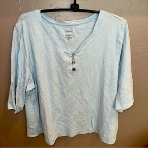 J.Jill Pure Jill V Neck Lite Blue Hemp & Cotton Henley Top Short Sleeves XL #J49